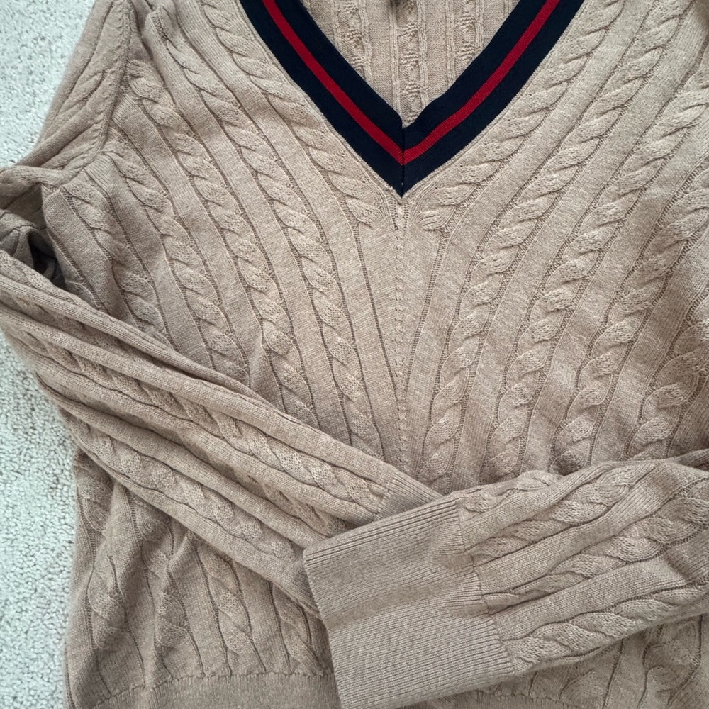 Tommy Hilfiger Tan V-Neck Cable Knit Sweater - Picture 2 of 7